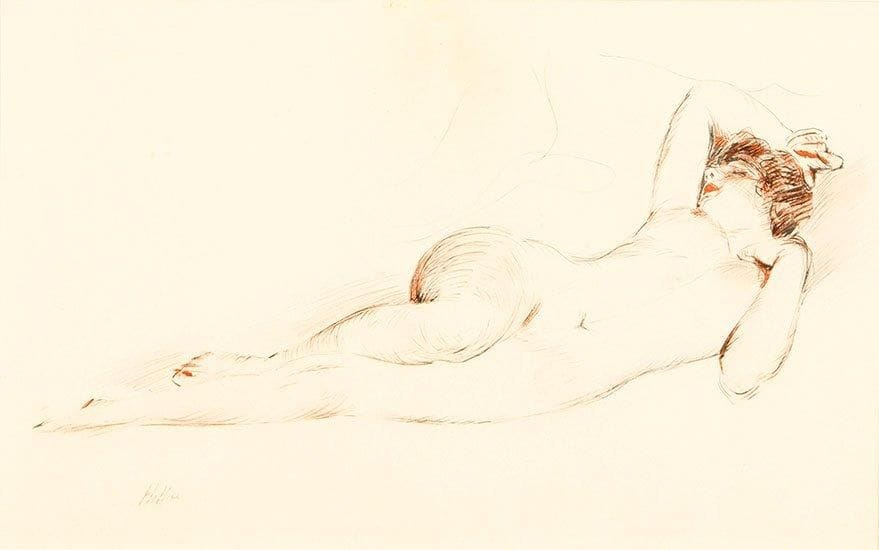 Paul-César Helleu (1859-1927) (d'après)
Femme nue endormie. Procédé photomécanique d'après un dessin de l'artiste au fusain et à la mine de plomb. À vue: 480 x 295. Très belle épreuve sur vélin. Traces de plis souples verticaux. Toutes marges. Cadre