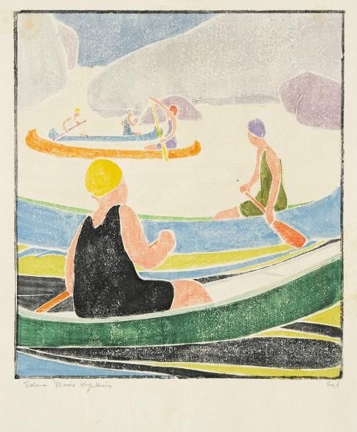 Edna Boies Hopkins (américaine, 1872-1937)
Canoes. 1917. Bois gravé. 230 x 255. Vasseur 6. Impression en couleurs. Très belle épreuve, très fraîche de couleurs, sur japon vergé, signée et numérotée à la mine de plomb. Rousseurs claires éparses, essentiellement marginales. Petites auréoles d'humidité très claires en pied. Toutes marges. Cadre. À propos de cette planche et des suivantes, Dominique H. Vasseur écrit: «Although she spent part of the summer in Provincetown, Hopkins's experience in southern Kentucky in 1917 was a rich and successful one. Works such as Moutain Women (cat. n° 15), Mary and her Grandmother (cat. n° 13), Canoes (cat. n° 6) and Cascades (cat. n° 7) are exceptional images that show her at the height of her artistic powers. [...] Cascades [or its] alternate title, The Waves, implies that it depicts the surf of the ocean, perhaps at Provincetown, but it is almost certainly a view of women bathing in the waters of the Cumberland Falls. [...] Oral tradition maintains that both prints depict women of the Lippelman family of Glendale (Cincinnati), Ohio, good friends of Edna and James Hopkins who like the Hopkinses had a home in Paris and vacationed in Provincetown. [...] Hopkins's prints and her husband's paintings inspired by the Cumberland Mountains people were some of the first in the country to document this overlooked but inherently American culture.» (Dominique H. Vasseur, Edna Boies Hopkins: Strong in Character, Colorful in Expression, Ohio UP, in association with the Columbus Museum of Art, 2007, p. 26-28.)