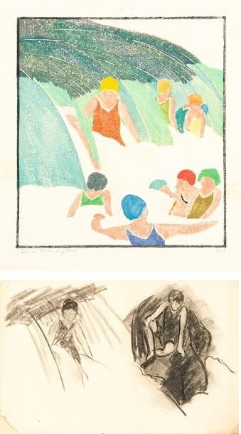 Edna Boies Hopkins (américaine, 1872-1937)
Cascades, ou The Waves. 1917. Bois gravé. 230 x 255. Vasseur 7. Impression en couleurs. Très belle épreuve, très fraîche de couleurs, sur japon vergé, signée et numérotée à la mine de plomb. Rousseurs claires éparses, essentiellement marginales. Quelques courtes traces de plis aux bords du feuillet. Toutes marges. Cadre. Joint: Étude de baigneuses. Dessin préparatoire au fusain sur vélin mince. [330 x 215]. Traces de plis. Petit manque dans l'angle inférieur gauche