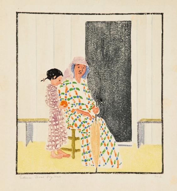 Edna Boies Hopkins (américaine, 1872-1937)
Mary and her Grandmother. 1917. Bois gravé. 230 x 255. Vasseur 13. Impression en couleurs. Très belle épreuve, très fraîche de couleurs, sur japon vergé, signée et numérotée à la mine de plomb. Rousseurs claires éparses, essentiellement marginales. Traces de plis aux bords du feuillet. Toutes marges
