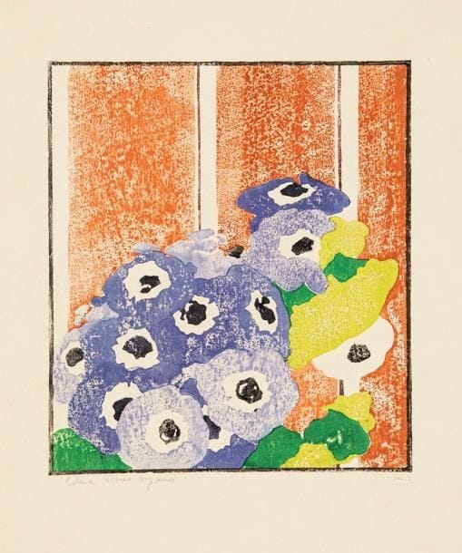 Edna Boies Hopkins (américaine, 1872-1937)
Anémones (Cinerarias). 1915-1916. Bois gravé. 200 x 225. Vasseur 27. Impression en couleurs. Très belle épreuve, très fraîche de couleurs, sur japon vergé, signée et numérotée à la mine de plomb. Titre à la mine de plomb en pied, à peu près totalement effacé (sans épidermure du japon). Rousseurs claires éparses, essentiellement marginales. Traces de plis aux bords du feuillet. Quelques trous d'épingles au bord droit. Toutes marges