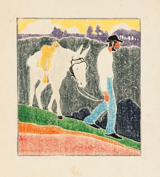 Edna Boies Hopkins (américaine, 1872-1937)
The Mountaineer (Andy Walking with his Mule). 1917. Bois gravé. 230 x 256. Vasseur 15. Impression en couleurs. Très belle épreuve, très fraîche de couleurs, sur japon vergé, signée à la mine de plomb. Rares rousseurs claires. Légers plis cassés verticaux dans la marge inférieure. Deux trous d'épingles au bord droit. Toutes marges
