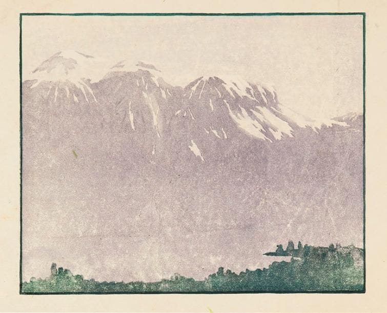 Edna Boies Hopkins (américaine, 1872-1937)
Montagnes enneigées. Vers 1917. Bois gravé. 265 x 217. Impression en couleurs. Très belle épreuve, très fraîche de couleurs, sur japon vergé, non signée. Rousseurs claires éparses, essentiellement marginales. Traces de plis, minuscules enfoncements et taches aux bords du feuillet. Toutes marges