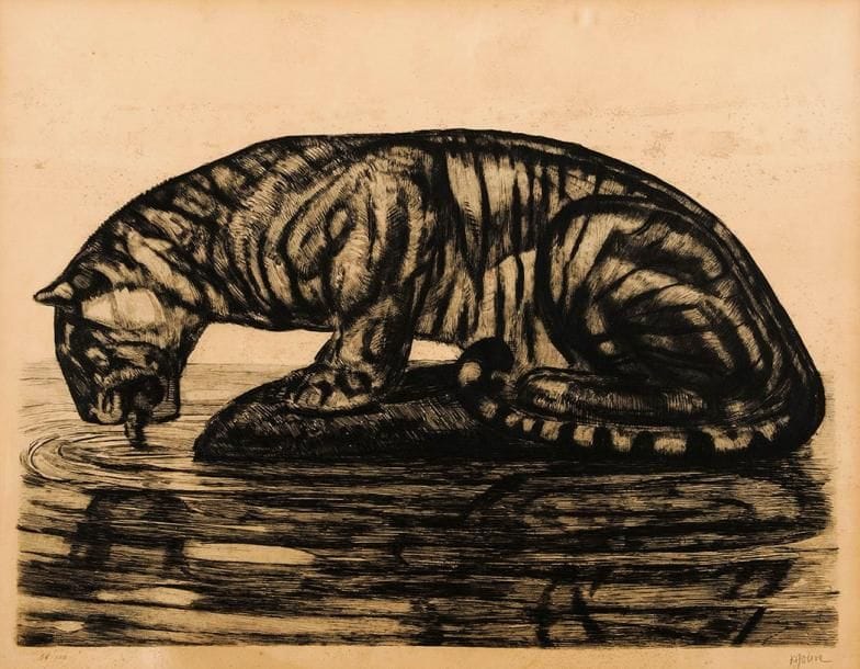 Paul JOUVE (1878-1973)
Tigre se désaltérant. Eau-forte. À vue: 505 x 395. Marcilhac p. 368. Belle épreuve sur vélin, oxydée, numérotée et revêtue d'une signature à la mine de plomb. Marges. Tirage à 100 épreuves. Cadre