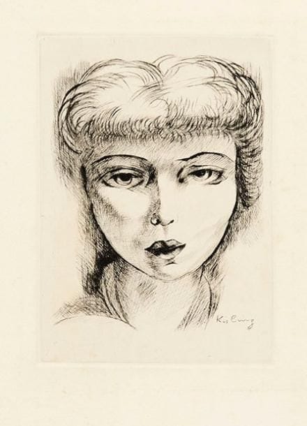 Moïse Kisling (franco-polonais, 1891-1953)
Tête de jeune femme. Vers 1925. Eau-forte et roulette. 348 x 425. Belle épreuve d'essai en noir sur vélin blanc fort, avant la couleur, numérotée à la mine de plomb. Rousseurs éparses. Toutes marges. Joint: Tête de femme. Vers 1930. Eau-forte. 128 x 176. Très belle épreuve sur vélin. Petites traces d'adhésif oxydées au verso. Toutes marges. Ens. 2 p