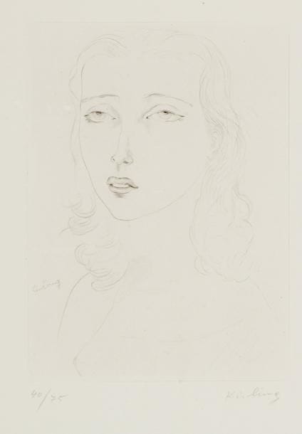 Moïse Kisling (franco-polonais, 1891-1953)
Jeune femme aux cheveux mi-longs. Vers 1925. Eau-forte. 138 x 190. Très belle épreuve sur vélin blanc, numérotée et signée à la mine de plomb. Marges. Tirage à 75 épreuves. Cadre