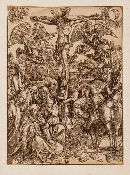 Albrecht Dürer (1471-1528) (d'après)
La Crucifixion. Eau-forte. 281 x 388. Belle épreuve sur vergé mécanique, rognée au sujet, montée par les angles sur vélin, légèrement oxydée. Petites auréoles d'humidité