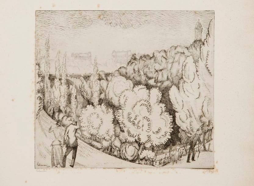 Jean-Emile LABOUREUR (1877-1943)
Paysage aux Buttes-Chaumont (1re pl.) 1920. Eau-forte. 228 x 197. Laboureur 204. Très belle épreuve sur vélin, numérotée et signée à la mine de plomb. Rousseurs éparses et légère oxydation. Infime déchirure en pied. Toutes marges. Tirage à 10 épreuves