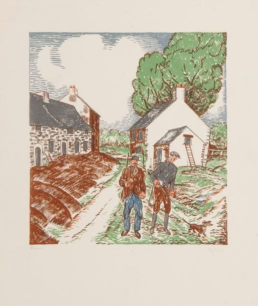 Jean-Emile LABOUREUR (1877-1943)
Départ pour la chasse. 1927. Lithographie. 210 x 230. Laboureur 780. Impression en couleurs. Très belle épreuve sur vélin fort, signée et numérotée à la mine de plomb. Quelques rousseurs claires. Petit manque en tête. Toutes marges. Tirage à 150 épreuves. Timbre sec: Le Chien de Pique (Lugt non décrit)