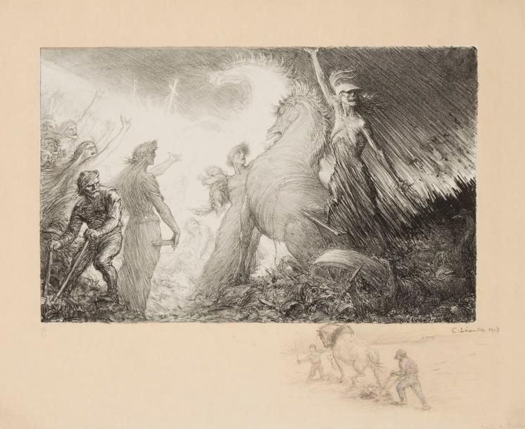 Charles LÉANDRE (1862-1934)
Contre la barbarie (La Mort sur un champ de bataille). 1917. Lithographie. 450 x 285. Très belle épreuve sur chine appliqué sur japon, numérotée, signée et datée à la mine de plomb, enrichie d'une importante remarque à la mine de plomb et aux crayons de couleurs (paysan au labour). Quelques plis cassés et infimes rousseurs. Toutes marges. Tirage à 30 épreuves. Provenance: succession d'Auguste Clot, imprimeur lithographe