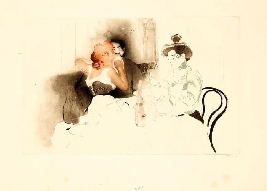 Louis LEGRAND (1863-1951)
Soupeurs, ou Cabinet particulier. 1904. Eau-forte et aquatinte. 410 x 260. Arwas 205. Impression en couleurs. Très belle épreuve sur japon, avant la signature gravée, numérotée à la mine de plomb et paraphée par l'éditeur G. Pellet. Quelques larges rousseurs claires. Toutes marges