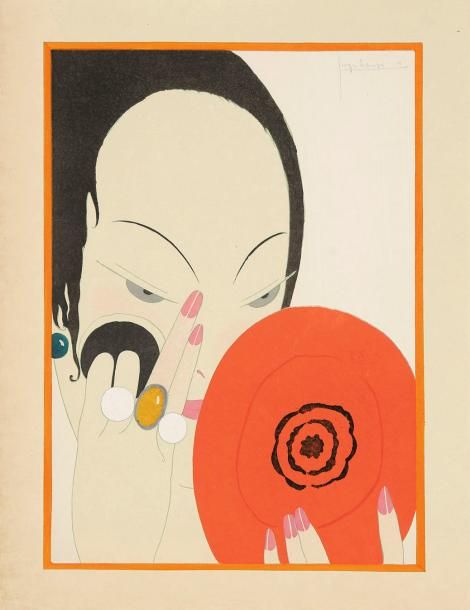 Georges LEPAPE (1887-1971)
Le Miroir rouge. 1914. Pochoir en couleurs. [220 x 285]. Parfaite épreuve sur vélin, numérotée à la mine de plomb. Infime pli cassé dans l'angle inférieur gauche. Toutes marges