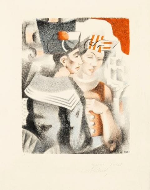 André LHOTE (1885-1962)
Le Marin et la Martiniquaise. Vers 1930. Lithographie (d'après le tableau de 1918-1920). 224 x 280. Impression en couleurs. Très belle épreuve sur vélin, annotée à la mine de plomb «épreuve d'état» et signée. Toutes marges. Provenance: succession d'Auguste Clot, imprimeur lithographe