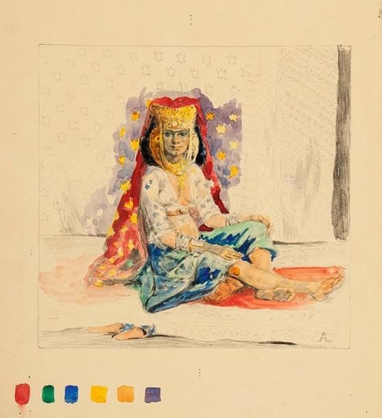 Alexandre LUNOIS (1863-1916)
Femme orientale assise, en costume d'apparat. Aquarelle sur mine de plomb sur vélin. [265 x 285], signée du monogramme dans l'angle inférieur droit. Gamme de couleurs en pied. Petits trous d'épingles dans les angles. Provenance: succession d'Auguste Clot, imprimeur lithographe