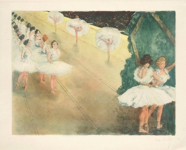 Alexandre LUNOIS (1863-1916)
Le Ballet. 1897. Lithographie. 505 x 385. I.F.F. 82; André p. 228. Impression en couleurs. Très belle épreuve d'essai sur vélin mince, signée à la mine de plomb. Court pli cassé dans l'angle inférieur droit. Toutes marges. Provenance: succession d'Auguste Clot, imprimeur lithographe