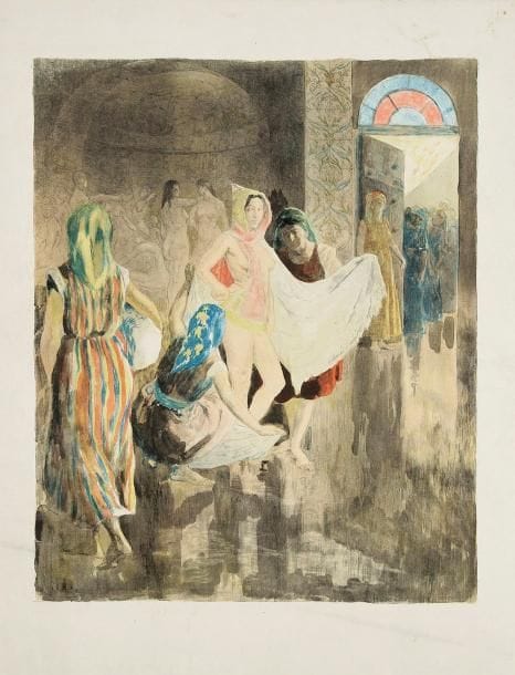 Alexandre LUNOIS (1863-1916)
Le Bain de la mariée juive. Vers 1906. Lithographie. 358 x 442. I.F.F. 120. Impression en couleurs. Très belle épreuve sur japon, non signée. Petites traces de frottement marginales et infimes salissures. Pli oblique frotté dans la marge inférieure droite. Toutes marges. Provenance: succession d'Auguste Clot, imprimeur lithographe