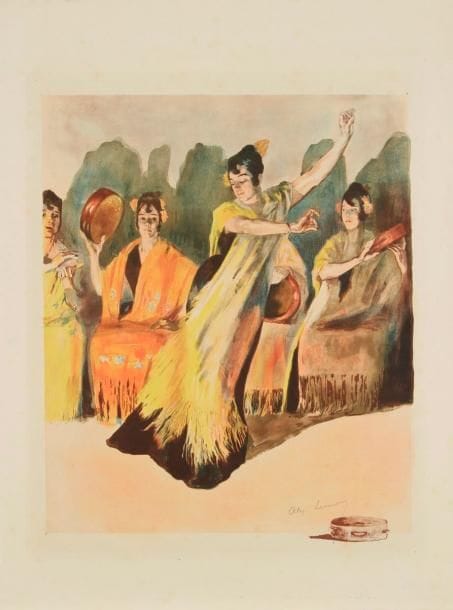 Alexandre LUNOIS (1863-1916)
Danseuses de flamenco. Vers 1895. Lithographie. 370 x 450. Impression en couleurs. Très belle épreuve sur vélin, avec remarque, signée à la mine de plomb. Infimes rousseurs. Toutes marges. Joint: Guitarera. Vers 1893. Lithographie. 175 x 235. Réunion de 4 épreuves en différents états, sur différents papiers, dont une épreuve d'essai en bleu, signée, et une épreuve avant lettre sur japon pelure. Tirage définitif pour La Revue de l'Art ancien et moderne. Toutes marges. Ens. 5 p