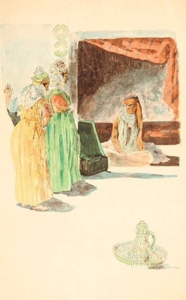 Alexandre LUNOIS (1863-1916)
En visite, femmes arabes. Vers 1894. Lithographie. 292 x 400. I.F.F. 67. Impression en couleurs. Belle épreuve sur simili-japon, signée à la mine de plomb. Nombreux plis cassés de manipulation. Toutes marges