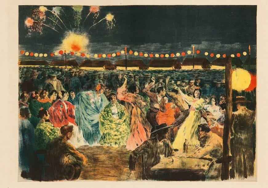 Alexandre LUNOIS (1863-1916)
Une nuit à Grenade (ou à Séville). Vers 1897. Lithographie. 387 x 285. I.F.F. 86. Impression en couleurs. Très belle et fraîche épreuve sur japon vergé, non signée. Toutes marges. Provenance: succession d'Auguste Clot, imprimeur lithographe
