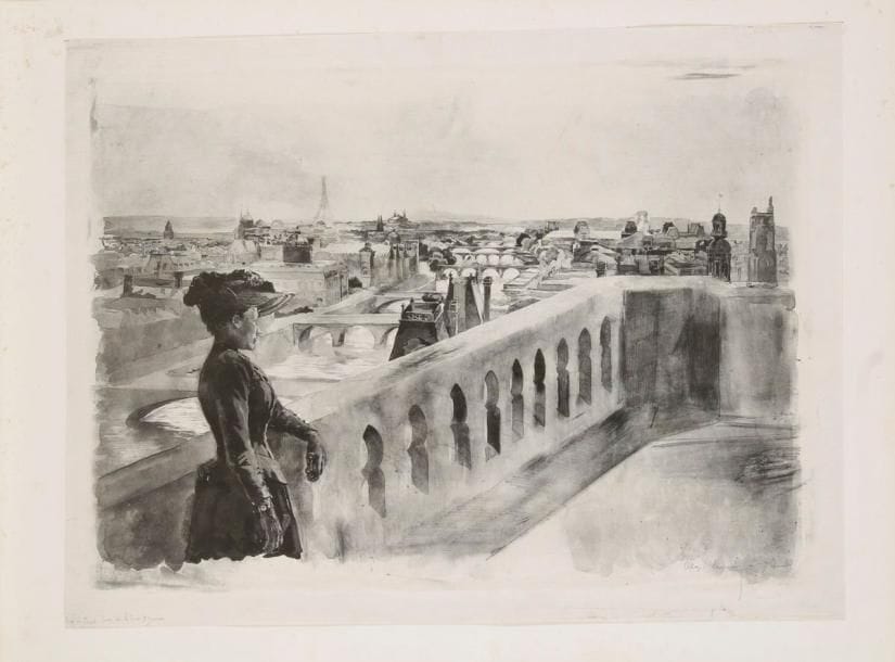Alexandre LUNOIS (1863-1916)
Vue de Paris, prise de la tour Saint-Gervais. Vers 1900. Lithographie. 510 x 370. Très belle épreuve sur chine volant, titrée, signée et annotée «7 épreuves» à la mine de plomb. Ondulations dues à la pression au tirage. Toutes marges. Provenance: succession d'Auguste Clot, imprimeur lithographe