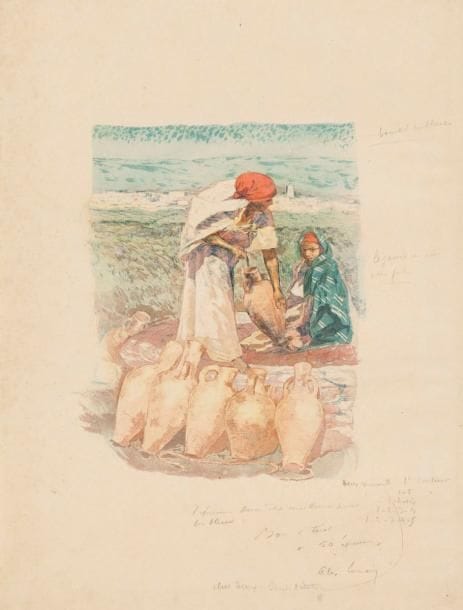 Alexandre LUNOIS (1863-1916)
Femmes aux jarres; Femme arabe devant un rideau. Lithographie. 160 x 205 et 180 x 230. Impression en couleurs. Très belles épreuves sur japon, la 1re abondamment annotée à la mine de plomb en vue du tirage et signée. Toutes marges. Ens. 2 p. Provenance: succession d'Auguste Clot, imprimeur lithographe
