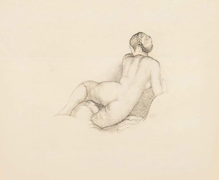 Aristide MAILLOL (1861-1944)
Femme en berceau, bras gauche relevé, bras droit abaissé; Léda; Femme nue, de dos, étendue sur une draperie. Vers 1925. Lithographie. Formats divers. Guérin 269, 273 et 279. Belles épreuves sur différents papiers, signées du monogramme, 2 tirées en sanguine. Quelques rousseurs claires. Toutes marges. Timbre sec à 2 pl.: Galerie des Peintres-Graveurs (Lugt 1057b). Joint: Femme nue de dos, demi redressée, Dina, sur son coude droit. Vers 1940. Lithographie. 295 x 238. Guérin 320. Très belle épreuve d'essai sur vélin crème, non signée. Pli souple horizontal médian (à peine visible). Toutes marges. Ens. 4 p
