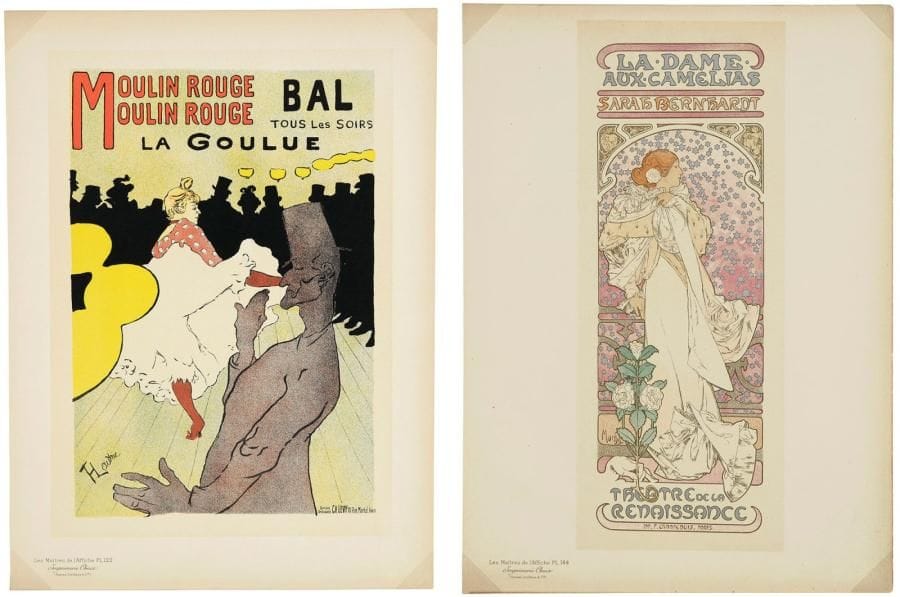 MAÎTRES DE L'AFFICHE (LES)
Un très fort lot (années 1886 à 1901), comprenant les sujets d'après Bonnard (La Revue blanche), Grasset (Salon des Cent), Mucha (Lorenzaccio; La Dame aux camélias), Steinlen (Motocycles Comiot - avec large manque dans l'angle supérieur gauche du feuillet), Toulouse-Lautrec (La Revue blanche; Jane Avril; Moulin Rouge, la Goulue), etc. Lithographie. Chaque [288 x 398]. Impression en couleurs. Réunion de 144 pl. + les primes A, B, C, D, E, F, G, H, J, K, L, N, O, P. Très belles épreuves sur vélin glacé, revêtues du timbre sec (Lugt 1777c). La pl. n° 15 (Cals, Salon des Cent) en rare épreuve d'essai tirée en noir, sans le timbre sec. Certains feuillets légèrement oxydés, avec infimes accidents. Toutes marges. Ens. 158 p. Liste des numéros des planches contenues dans le lot: 1, 4, 10, 12, 13, 14, 15, 18, 21, 25, 26, 28, 29, 30, 31, 32, 33, 34, 35, 36, 37, 38, 39, 40, 41, 42, 43, 44, 45, 46, 48, 50, 51, 52, 54, 55, 56, 58, 59, 60, 61, 62, 64, 65, 67, 68, 69, 70, 71, 72, 73, 74, 75, 76, 77, 78, 79, 80, 81, 82, 84, 86, 87, 88, 89, 91, 92, 93, 97, 98, 99, 100, 101, 102, 103, 104, 105, 106, 107, 108, 109, 110, 111, 112, 113, 114, 115, 116, 117, 118, 119, 120, 121, 122, 123, 124, 125, 126, 127, 128, 129, 130, 131, 132, 133, 134, 135, 136, 137, 138, 139, 140, 141, 142, 143, 144, 147, 150, 151, 153, 155, 159, 162, 164, 167, 172, 178, 179, 183, 184, 188, 190, 191, 194, 195, 199, 213, 215, 218, 233, 234, 235, 236, 239