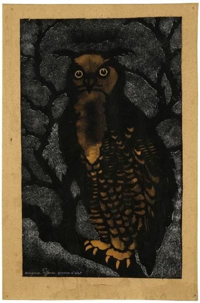 Georges MANZANA-PISSARRO (1871-1961)
Hibou grand-duc. Vers 1920. Pochoir en couleurs et à l'encre bronze doré. Très belle épreuve sur papier exotique collé sur carton, signée à l'encre blanche et annotée «épreuve d'état» dans le sujet. Petites auréoles d'humidité en pied. Toutes marges
