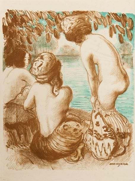 Georges MANZANA-PISSARRO (1871-1961)
Baigneuses en turban. Vers 1920. Lithographie. [360 x 500]. Impression en couleurs. Très belles et fraîches épreuves, 4 sur chine volant, 2 sur simili-japon. Toutes marges. Joint: planche d'invitations (non découpées) à une exposition de la Galerie Hébrard. 1913. Lithographie. Épreuve tirée en couleurs sur vergé brun, rempliée. Longue déchirure oblique en pied des feuillets. Ens. 7 p. Provenance: succession d'Auguste Clot, imprimeur lithographe