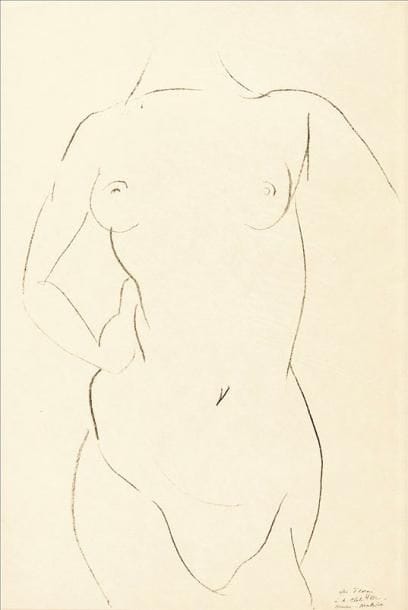 Henri MATISSE (1869-1954)
Torse de face. 1913. Lithographie. 305 x 460. Duthuit-Garnaud 407. Très belle et fraîche épreuve sur simili-japon, annotée à la plume et à l'encre «épreuve d'essai / à A. Clot» et signée. Toutes marges. Tirage définitif à 50 épreuves. Cadre. Provenance: succession d'Auguste Clot, imprimeur lithographe