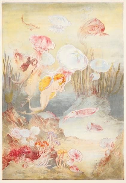 Gaston Noury (1865-1938)
Sirènes et méduses; Léda et le cygne. 1898. Lithographie. 415 x 608 et 312 x 500. Impression en couleurs. Très belles et fraîches épreuves sur vélin et chine volant. Toutes marges. Ens. 2 p. Provenance: succession d'Auguste Clot, imprimeur lithographe