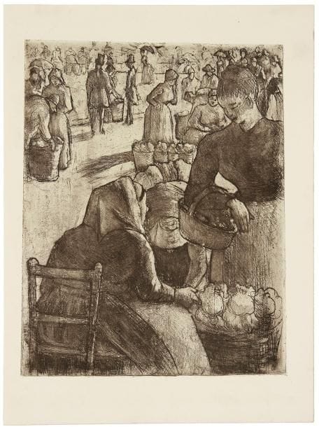 Camille PISSARRO (1830-1903)
Marché aux légumes à Pontoise. 1891. Eau-forte sur zinc. 201 x 255. Delteil 97. Très belle et fraîche épreuve sur vélin, du tirage pour le tome XVII du Peintre-Graveur Illustré par L. Delteil. Toutes marges
