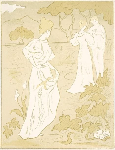 Paul-Elie RANSON (1861-1909)
Tristesse, ou Jalousie. 1896. Lithographie. 181 x 232. Ranson-Bitker (1999) 292. Impression en couleurs. Très belle épreuve sur vélin. Rousseurs claires au verso. Filets de marges. (Pl. parue dans Le Centaure). Provenance: succession d'Auguste Clot, imprimeur lithographe