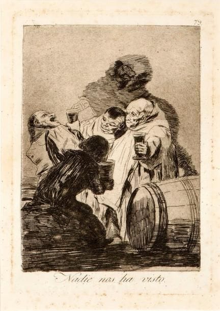 Francisco de GOYA Y LUCIENTES (1746-1828)
Nadie nos ha visto (Les Caprices, pl. 79). Eau-forte et aquatinte. 150 x 215. Delteil 116; Harris 113. Belle épreuve sur vélin, vraisemblablement de la 6e édition (1890-1900). Rousseurs claires. Toutes marges. Cadre
