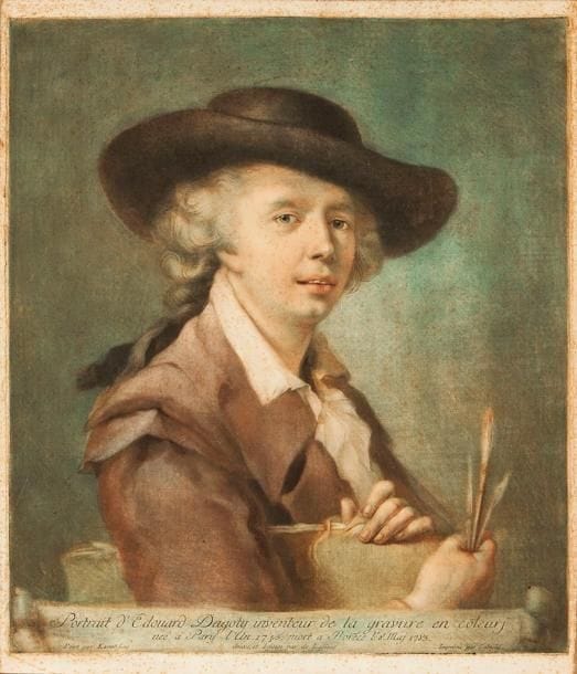 Carlo Lasinio (1759-1838)
Portrait d'Edouard Dagoty inventeur de la gravure en couleurs. 1783. Manière noire d'après Heinsius. 430 x 500. Impression en couleurs. Très belle épreuve avec reprise à la plume et à l'encre sépia dans le nom du peintre à gauche dans la tablette. Quelques petits accrocs, éraflures filiformes et frottements en surface. Semis de minuscules rousseurs. Trou de ver au-dessus du bandeau en bas à droite. Court pli de tirage dans l'angle inférieur gauche. Petites marges. Lasinio rend ici le portrait de son maître et ami, Édouard Gautier-Dagoty. Il expérimenta comme lui les techniques de gravure en couleurs à la manière noire et enseigna la gravure pendant plus de cinquante ans à l'Académie de Florence. Comme la famille Gautier-Dagoty, il contribua à l'essor et au développement de la manière noire en couleurs en produisant de nombreuses planches, dans le sillage de Jakob Christoph Le Blon qui en avait jeté les bases à Londres dans les années 1720-1730, sous l'influence des recherches de Newton sur l'optique
