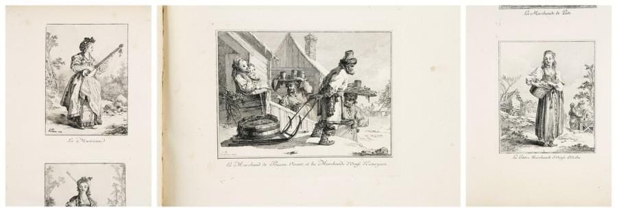Jean-Baptiste LE PRINCE (1734-1781)
Oeuvre de Jean-Baptiste le Prince, peintre du Roi, Conseiller en son Académie Royale de Peinture et Sculpture; Mort en Août 1781. Contenant plus de cent soixante Planches gravées à l'eau-forte, & à l'imitation des Dessins lavés au bistre; le tout d'après ses compositions, représentant divers Costumes et Habillemens de différens Peuples du Nord, où ce célèbre Artiste a séjourné quelque tems. Ce procédé du lavis a été poussé par M. Le Prince, au plus haut degré de perfection. Cette Suite intéressante se vend en son entier ou séparément, au gré des Amateurs, À Paris, chez Basan Frères, Marchands d'Estampes, rue & maison Serpente, n°14. m.dcc.lxxxii. Un vol. grand in-fol. de 62 ff. portant les gravures tirées en noir, parfois deux ou plusieurs à la feuille. Rousseurs claires éparses et petites auréoles d'humidité aux bords des feuillets. Longue déchirure médiane en travers du f. 15 (anciennement restaurée au verso). Comprend notamment les suites: -Divers Habillements des prêtres de Russie, les mêmes qui étoient Généralemt en usage avant la désunion des deux Églises (10 pl.) -Les Strelits, Encienne et seule Milice de Russie jusqu'au temps de Pierre Le Grand, qui les détruisit entièrement à cause de leurs séditions (8 pl.) -Divers ajustements et usages de Russie dédiés à Monsieur Boucher... Dessinés en Russie d'après Nature et Gravés à l'eau-forte (10 pl.) -Suite de divers habillements des peuples du Nord Dessinés d'après Nature (6 pl.) -Première suite de cris et divers marchands de Petersbourg et de Moscou Dessinés d'après Nature (6 pl.) -2me suite de divers cris de Marchands de Russie (6 pl.) -iiie suite de divers cris de Marchands de Russie (6 pl.) -iie suite d'habillement des Femmes de Moscovie (6 pl.) -Divers habillemens des Femmes de Moscovie... (6 pl.) -Habillements de diverses nations (6 pl.) -1re suite de Coeffures dessinées d'après nature (6 pl.) -iie suite d'habillements de diverses Nations (6 pl.) Nombreux sujets isolés. Reliure très défraîchie (p