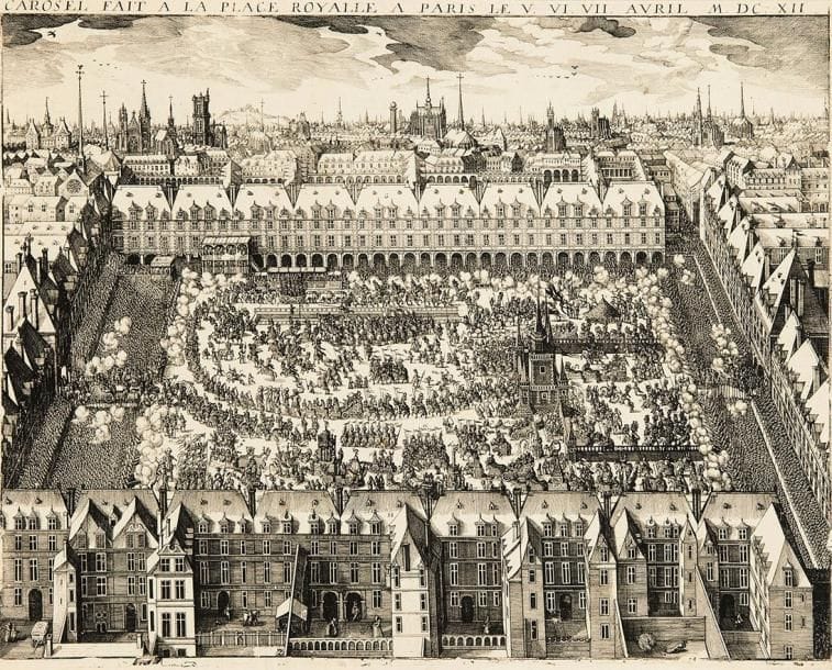 Matthaüs I Merian (1593-1650)
Carosel fait à la Place Royalle à Paris le V. VI. VII. Avril M. DC. XII. Eau-forte d'après Chastillon. 498 x 400. Très belle épreuve rognée sur le coup de planche sur trois côtés, avec petite marge en pied. Plusieurs habiles restaurations visibles au verso. Un petit trou dans le sujet. «Le carrousel de 1612 est certainement l'un des carrousels les plus célèbres des cours européennes de l'Ancien Régime. Faste déployé pour fêter l'alliance matrimoniale entre la France et l'Espagne, il consacre en plein coeur de la place Royale, actuelle place des Vosges, le pouvoir de Marie de Médicis. [...] Consacré comme un triomphe sans pareil, ni dans le passé, ni dans ce qui était à venir, le carrousel de 1612 engendra de nombreuses publications: estampes et placards, relations officielles et libelles séditieux. Et ce fut au coeur de ce processus de la mise en image et de la mise en écrit que se situa sa postérité.» (Marie Baudière, «La fortune gravée et imprimée du carrousel de 1612», Chroniques de l'éphémère, INHA, mis en ligne le 21 septembre 2010)