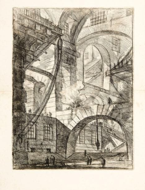Giambattista PIRANESI (1720-1778)
L'Incendie (Carceri, pl. 6). 1749. Eau-forte. 395 x 540. Hind 6; Robison 32. Superbe et rare épreuve du 1er état (sur 6), avant de nouveaux travaux, notamment les piliers au premier plan. Rousseurs claires éparses, essentiellement visibles au verso. Petite épidermure au bord droit. Pli de séchage horizontal normal. Courts plis de manipulation en pied du feuillet. Toutes marges