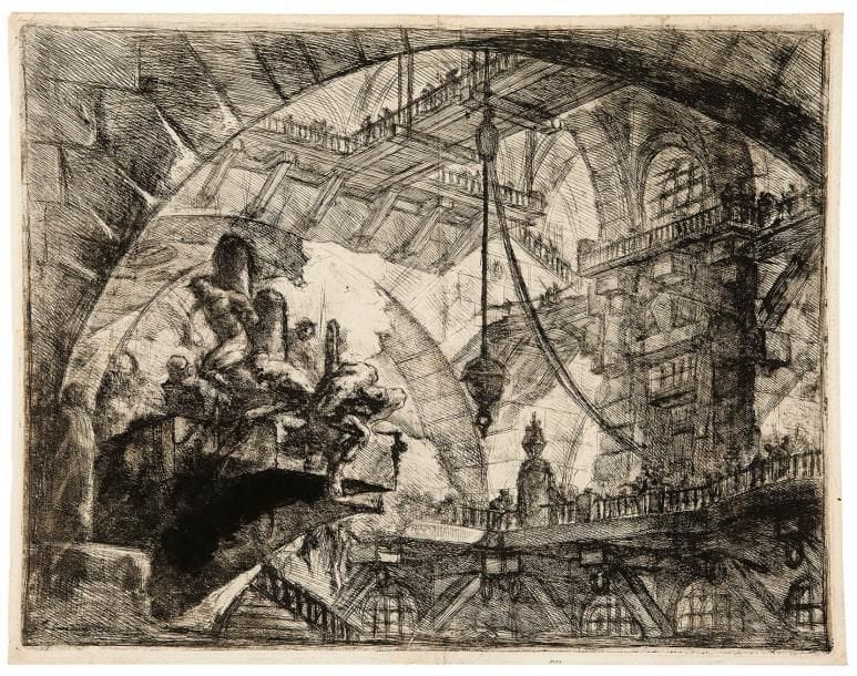 Giambattista PIRANESI (1720-1778)
Prisonniers sur un éperon (Carceri, pl. 10). 1749. Eau-forte. 545 x 415. Hind 10; Robison 36. Belle et rare épreuve du 1er état (sur 6), avant de nouveaux travaux, notamment avant la chaîne à droite, avec les effets de tamponnage d'encre («ink dabbing») sur la base de la plateforme mentionnés par Robison («3rd issue, 1st edition»). Pli de séchage vertical normal, partiellement affaibli, avec petits manques et habiles restaurations au verso. Large auréole claire d'humidité visible essentiellement au bord gauche au verso. Petit arrachement en surface en pied du sujet. Quelques autres infimes éraflures filiformes et traces de colle en surface. Petites marges