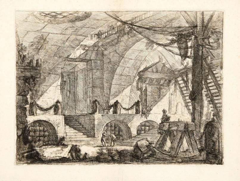Giambattista PIRANESI (1720-1778)
Le Chevalet de torture (Carceri, pl. 12). 1749. Eau-forte. 555 x 410. Hind 12; Robison 38. Superbe et rare épreuve du 1er état (sur 6), avant de nouveaux travaux, notamment sur le chevalet et sur le pilier à droite. Rousseurs claires éparses, essentiellement visibles au verso. Pli de séchage vertical normal. Toutes marges
