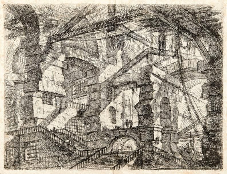 Giambattista PIRANESI (1720-1778)
L'Arc gothique (Carceri, pl. 14). 1749. Eau-forte. 550 x 415. Hind 14; Robison 40. Belle et rare épreuve du 1er état (sur 6), avant de nouveaux travaux, notamment avant la lanterne à droite et avant les travaux à droite de l'escalier central en pied. Pli de séchage vertical normal, partiellement affaibli voire fracturé en pied, habilement renforcé au verso. Pli oblique frotté dans l'angle inférieur droit du sujet et deux autres dans l'angle supérieur gauche. Petit accident dans le sujet, restauré au verso. Une courte déchirure au bord doit, restaurée au verso. Rousseurs claires éparses. Petites taches d'encre brune au verso. Petites marges