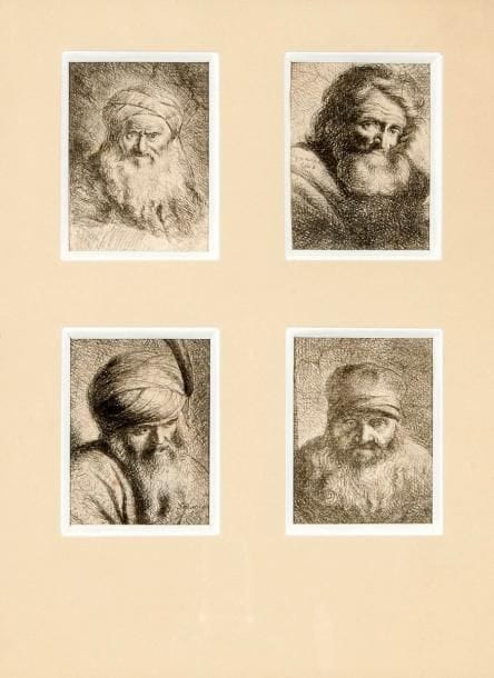 Giovanni Domenico TIEPOLO (1727-1804)
Quatre têtes. Pl. pour Têtes de caractère. Eau-forte. 66 x 90. De Vesme 115-177. Belles épreuves rognées au sujet, montées dans un seul cadre