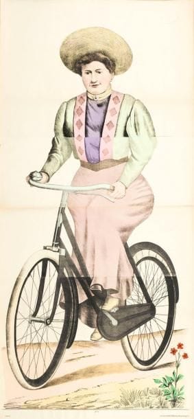 Anonyme (Allemagne fin XIXe s.)
Femme cycliste. Vers 1880. Lithographie (des presses de C. Burckhardt, Weissenburg). [750 x 1630]. Très belle et fraîche épreuve sur vélin, en trois morceaux raboutés, coloriée au pochoir. Infimes accidents. Toutes marges