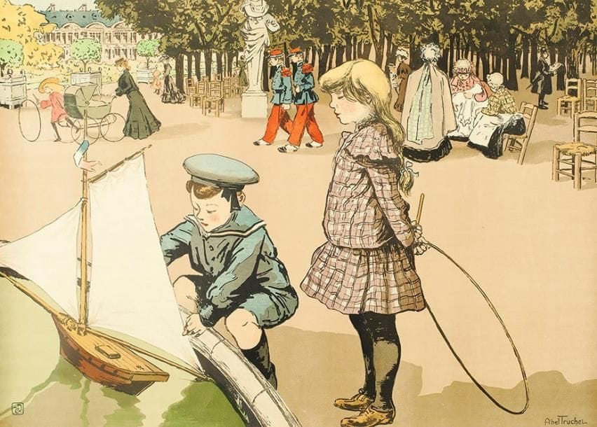Louis ABEL-TRUCHET (1857-1918)
Enfants au jardin du Luxembourg. Vers 1895. Lithographie. 850 x 608. Impression en couleurs. Très belle et fraîche épreuve sur vélin glacé. Infimes accidents aux bords du feuillet. Toutes marges