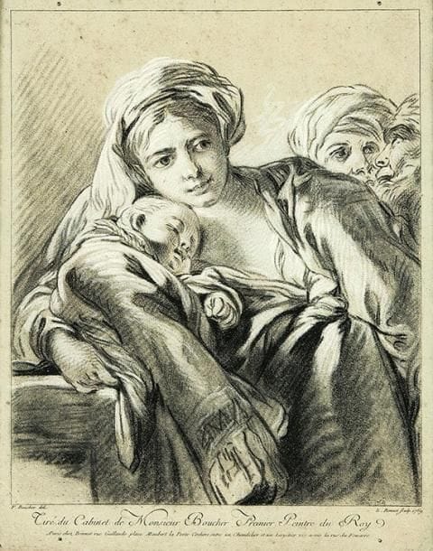 Louis-Marin Bonnet (1743-1793)
Une famille. 1769. Gravure en manière de crayon d'après Boucher. À vue: 270 x 340. Herold 21. Impression en deux tons (noir et blanc) sur vergé azuré. Belle épreuve. Traces de plis. Marges. Cadre