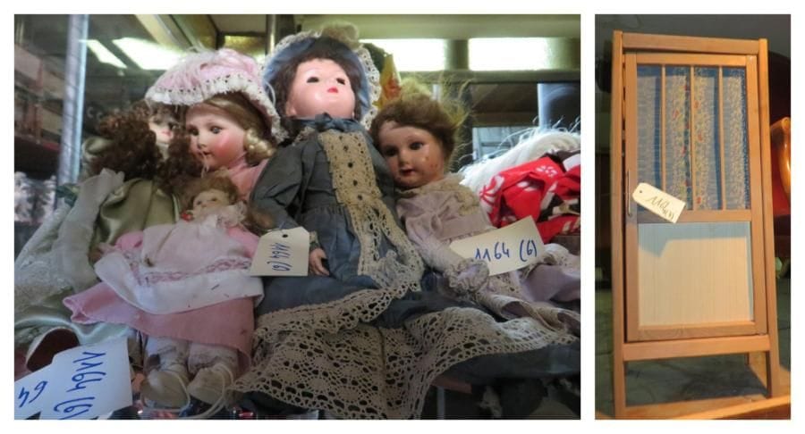 Lot de six poupées, tête en papier mâché ou plastique. On y joint une petite armoire à poupée. (manques et accidents)