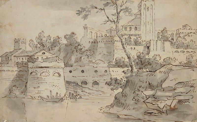 École Française du XVIIe siècle

Paysage à la ville fortifiée
Plume et encre noire, lavis gris.
Porte en bas à droite le cachet de la collection E. Calando (Lugt n°837) et au verso le cachet de la collection Robelot (Lugt n°2141).
19 x 30 cm
