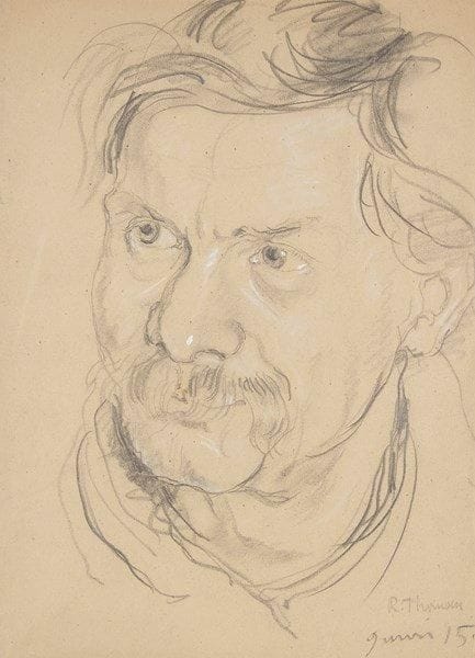 René THOMSEN (1897-1976)

Tête d'homme moustachu, 1915
Dessin au fusain avec petits rehauts de gouache blanche sur vélin mince chamois (papier «boucherie»).
Signé et daté «9 mai 15» en bas à droite. (Petites traces de plis et fracture au bord gauche, hors du sujet).
39.5 x 29 cm