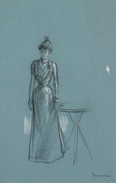 PIERRE-GEORGES JEANNIOT (1848-1934)

Femme en pied, une main sur un guéridon
Dessin à la mine de plomb et gouache blanche sur vélin bleu.
Signé à la plume et à l'encre en bas à droite.
38 x 26 cm