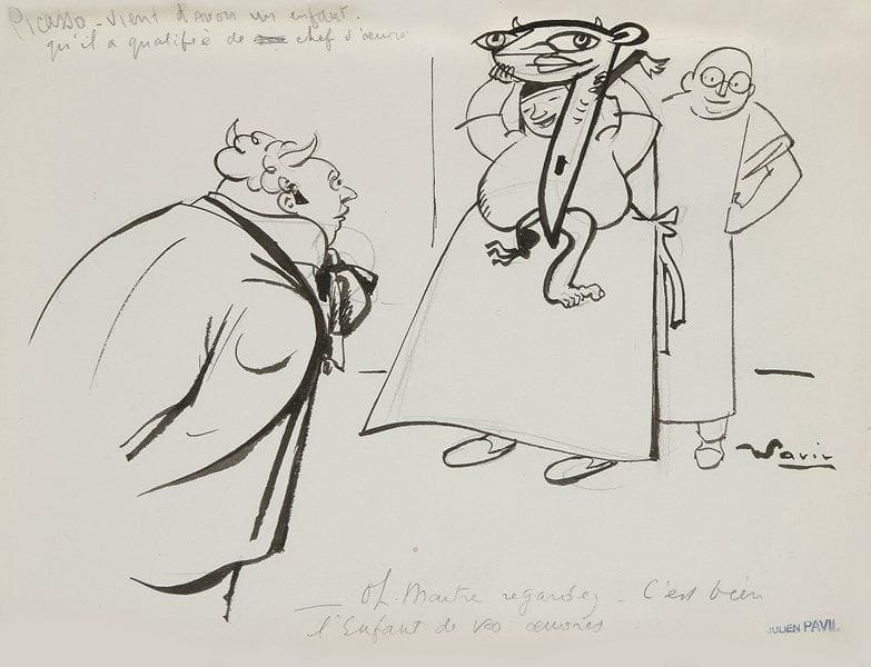 Julien PAVIL (1895-1952)

Picasso vient d'avoir un enfant qu'il a qualifié de chef-d'oeuvre..., vers 1940
Dessin au pinceau et à l'encre de chine sur vélin.
Signé en bas à droite et timbré.
24.6 x 31.4 cm